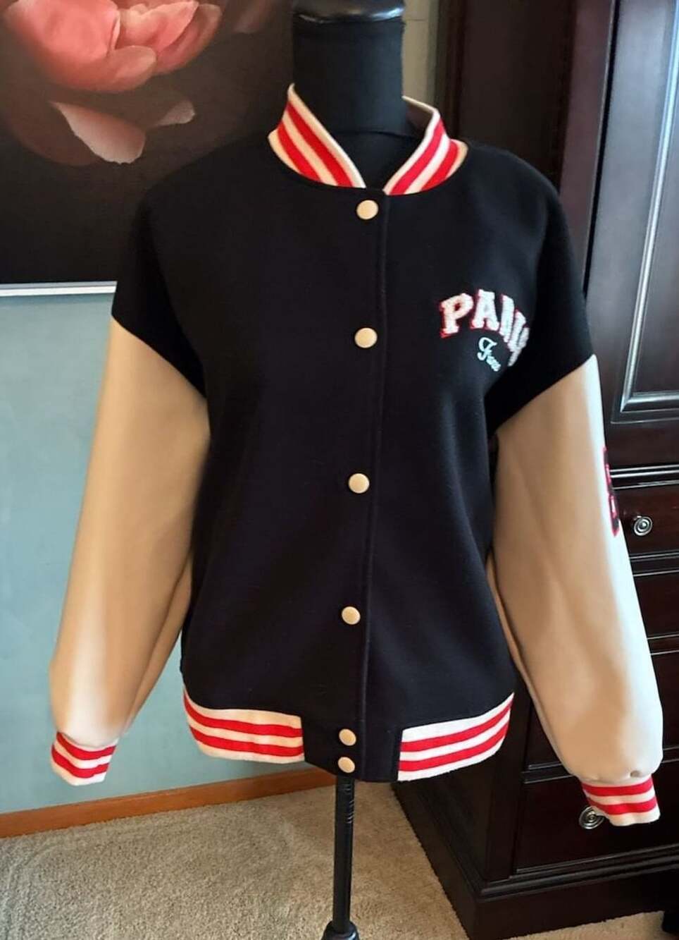 Forever 21 Paris France Varsity Jacket Size S Black White Red NWOT Z114